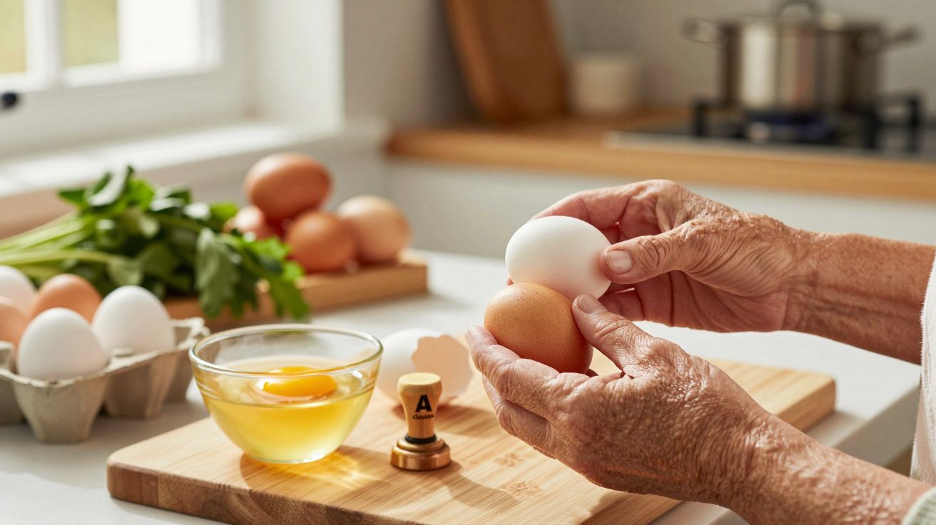 Mãos segurando ovos em cozinha, com ovos partidos e verduras ao fundo, numa tábua de madeira.
