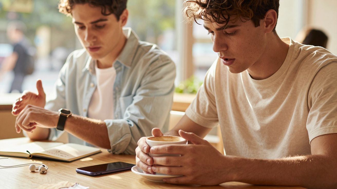 Dois jovens sentados num café, um segura uma chávena, o outro escreve num caderno ao lado de um telemóvel.