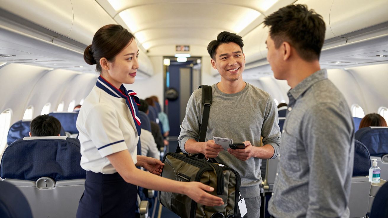 Assistente de bordo conversa com dois passageiros num avião; um segura um bilhete e bagagem de mão.