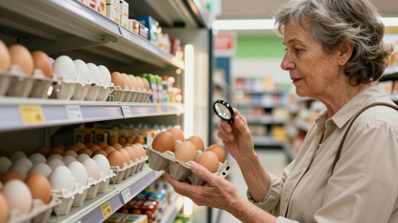 Senhora idosa examina ovos numa prateleira de supermercado usando uma lupa.