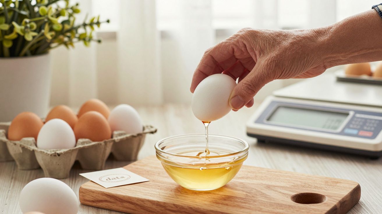 Mão a quebrar um ovo numa taça de vidro sobre uma tábua de madeira, com ovos e balança digital ao fundo.