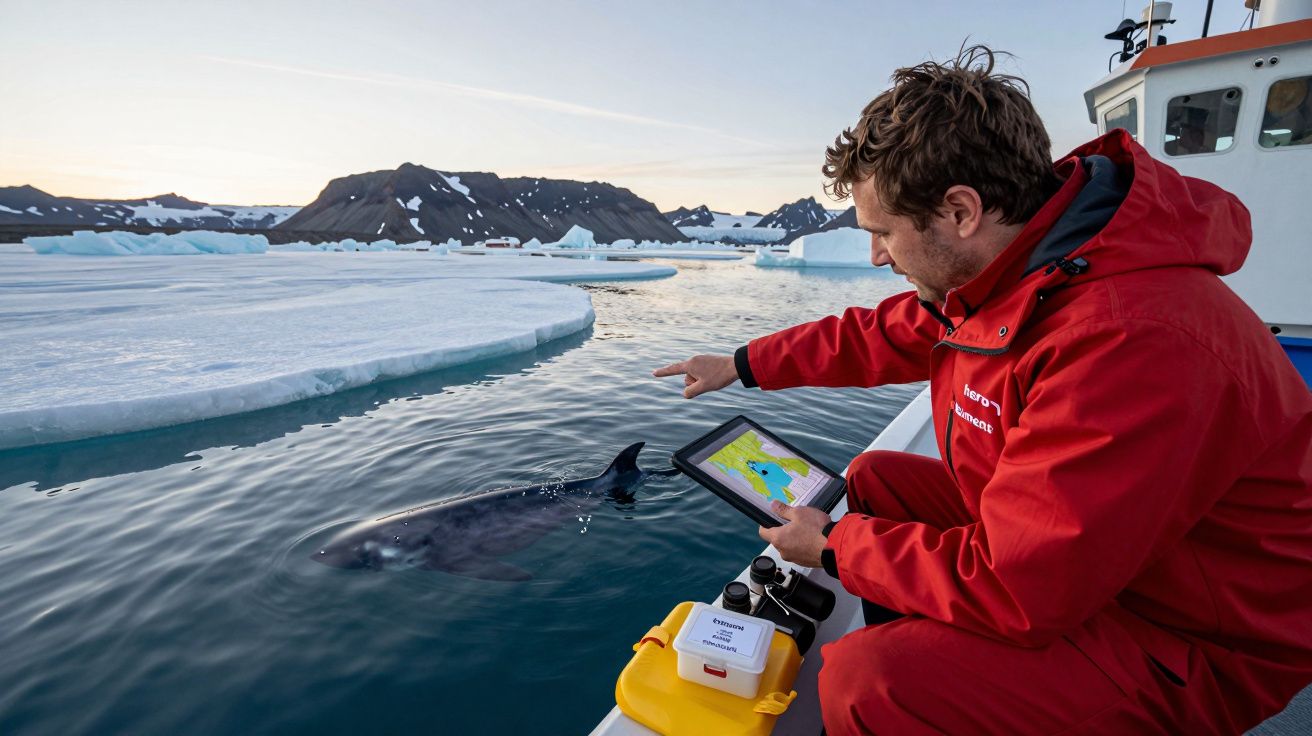 Homem num barco estudando baleia no Ártico com um tablet, rodeado por gelo e montanhas ao longe.