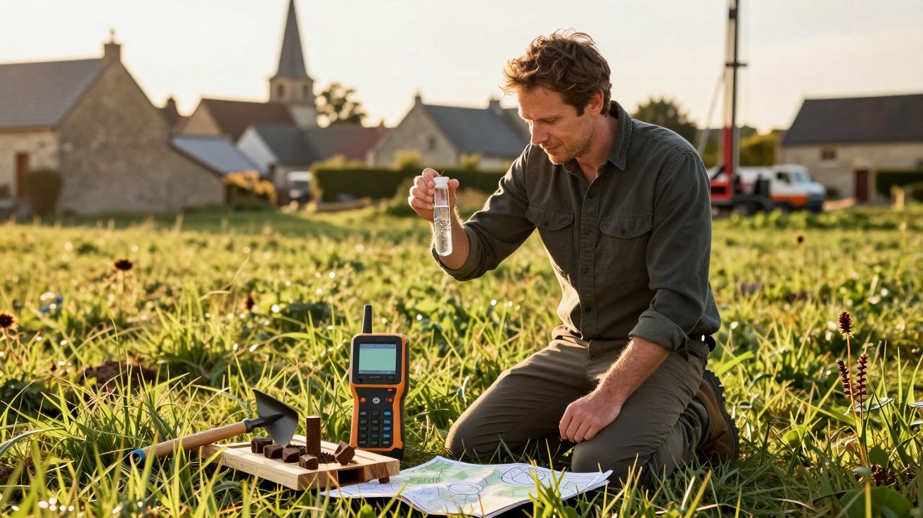Homem ajoelhado num campo analisando solo com medidor e mapas por perto, casas ao fundo.