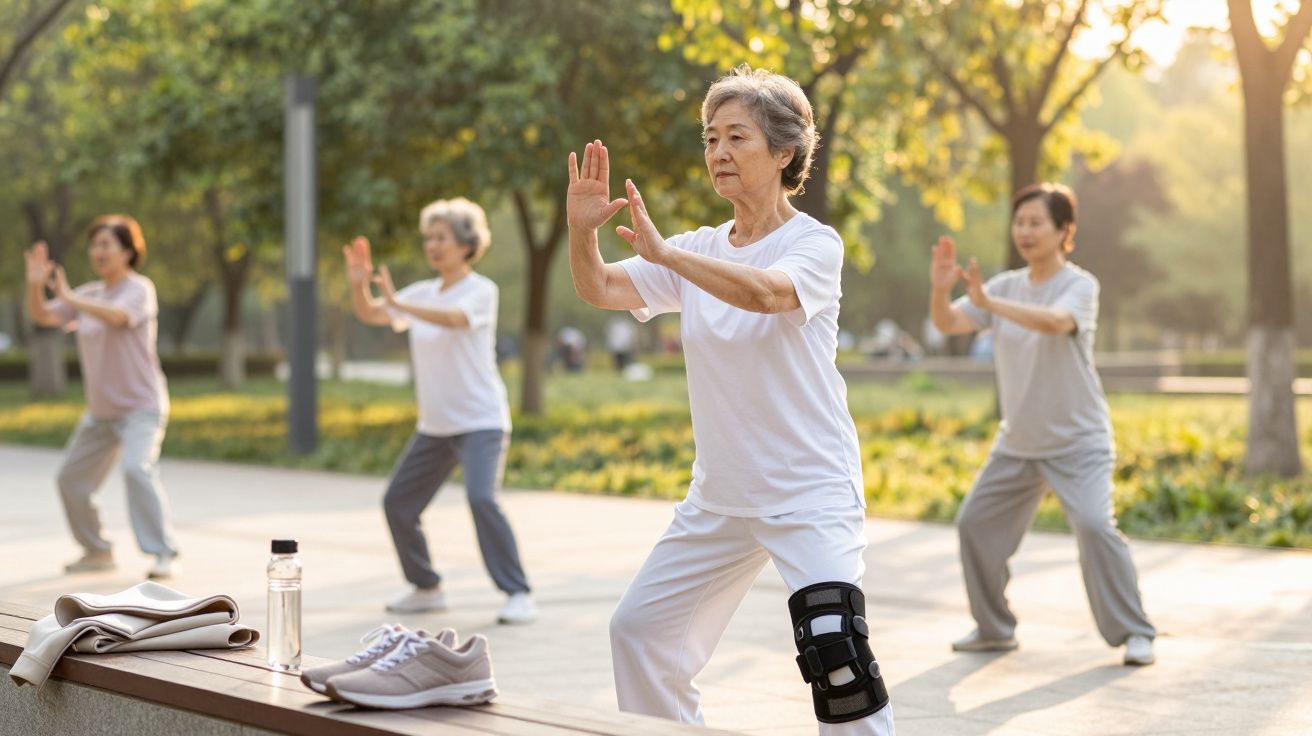 Idosos praticando tai chi num parque ao ar livre ao nascer do sol.