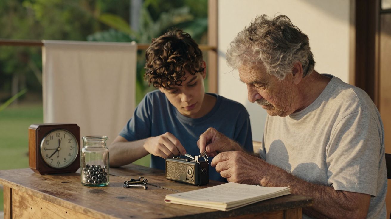 Rapaz e homem idoso consertam rádio antigo numa mesa de madeira, com relógio, jarro de bolinhas e caderno ao lado.