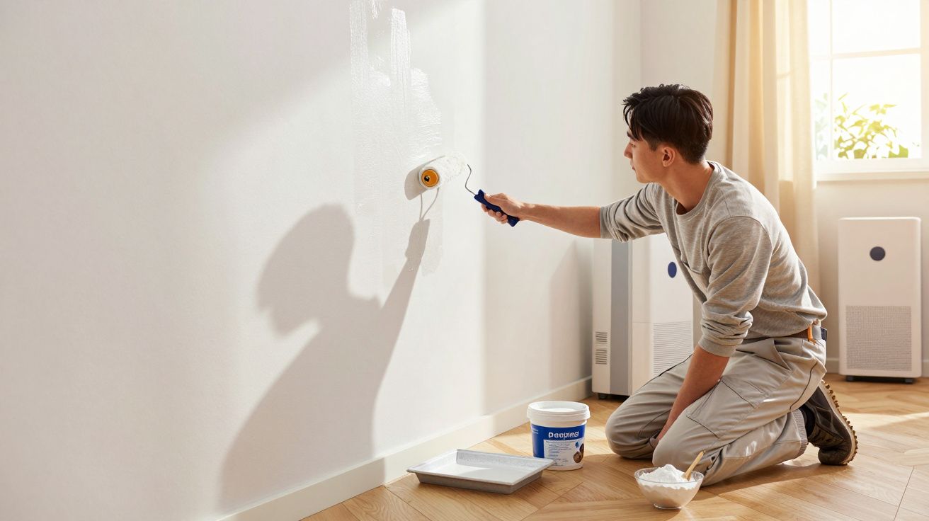 Homem a pintar parede branca com rolo, balde de tinta e tapete no chão.