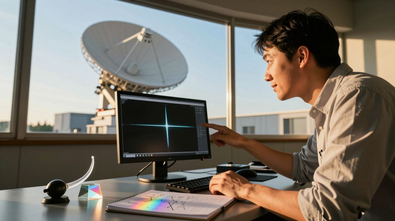 Homem analisando dados num monitor, com antena parabólica grande ao fundo.
