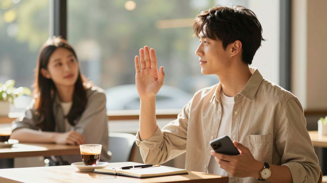 Homem sentado numa cafetaria acena, segurando um telemóvel, enquanto uma mulher ao fundo observa.
