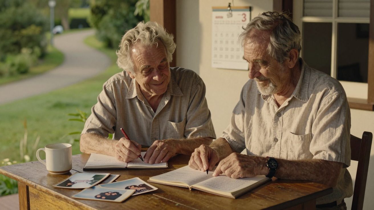 Dois homens idosos escrevem em cadernos à mesa ao ar livre, com fotos e uma caneca próxima.