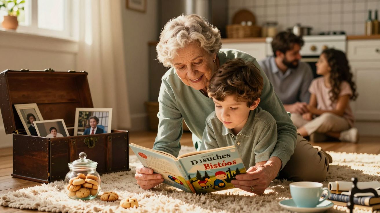 Avó e neto a lerem um livro no tapete da sala, com fotos antigas e bolachas ao lado; família ao fundo.