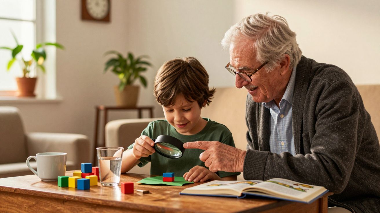 Avô e neto brincam com blocos coloridos e lupa numa mesa de madeira, num ambiente acolhedor e iluminado.
