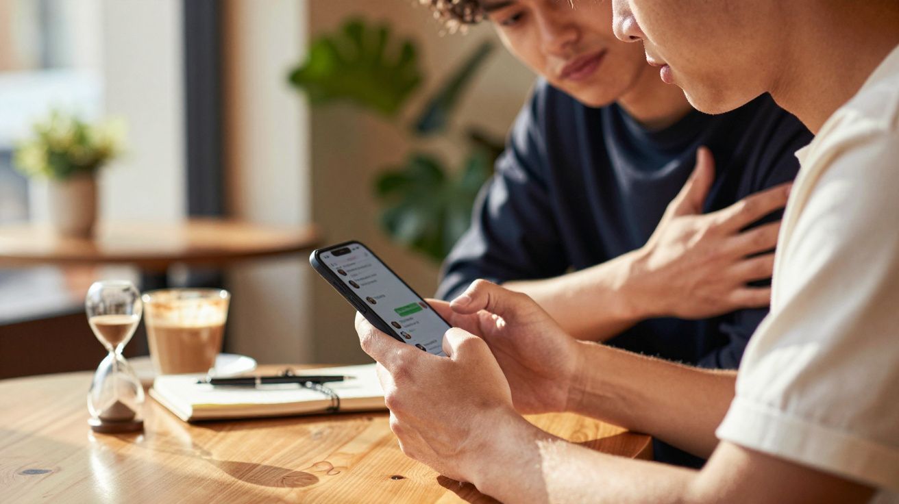 Dois homens utilizam um smartphone enquanto estão sentados numa mesa de café com caderno e ampulheta ao lado.