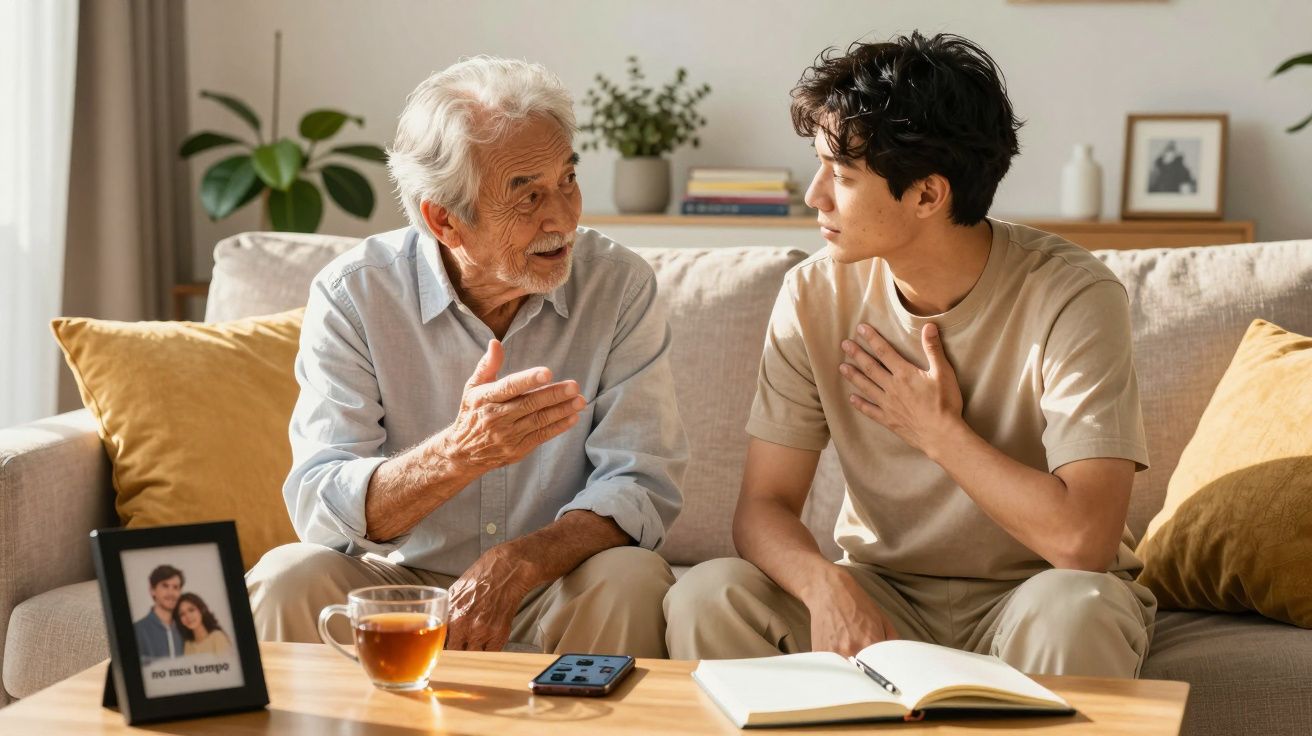Homem idoso e jovem conversam no sofá, com chá, telemóvel e livro na mesa. Fotografia familiar emoldurada ao lado.