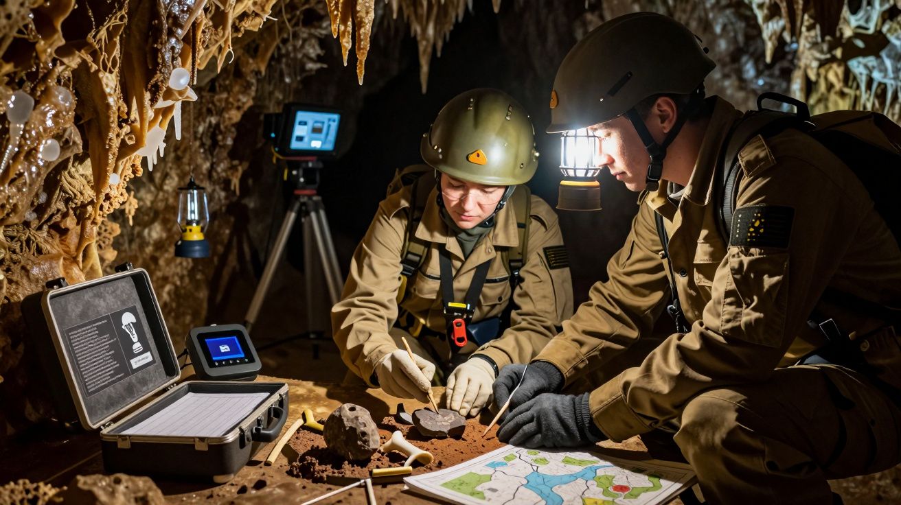 Dois cientistas exploram uma caverna, estudando rochas, com equipamento de análise e mapas ao lado.