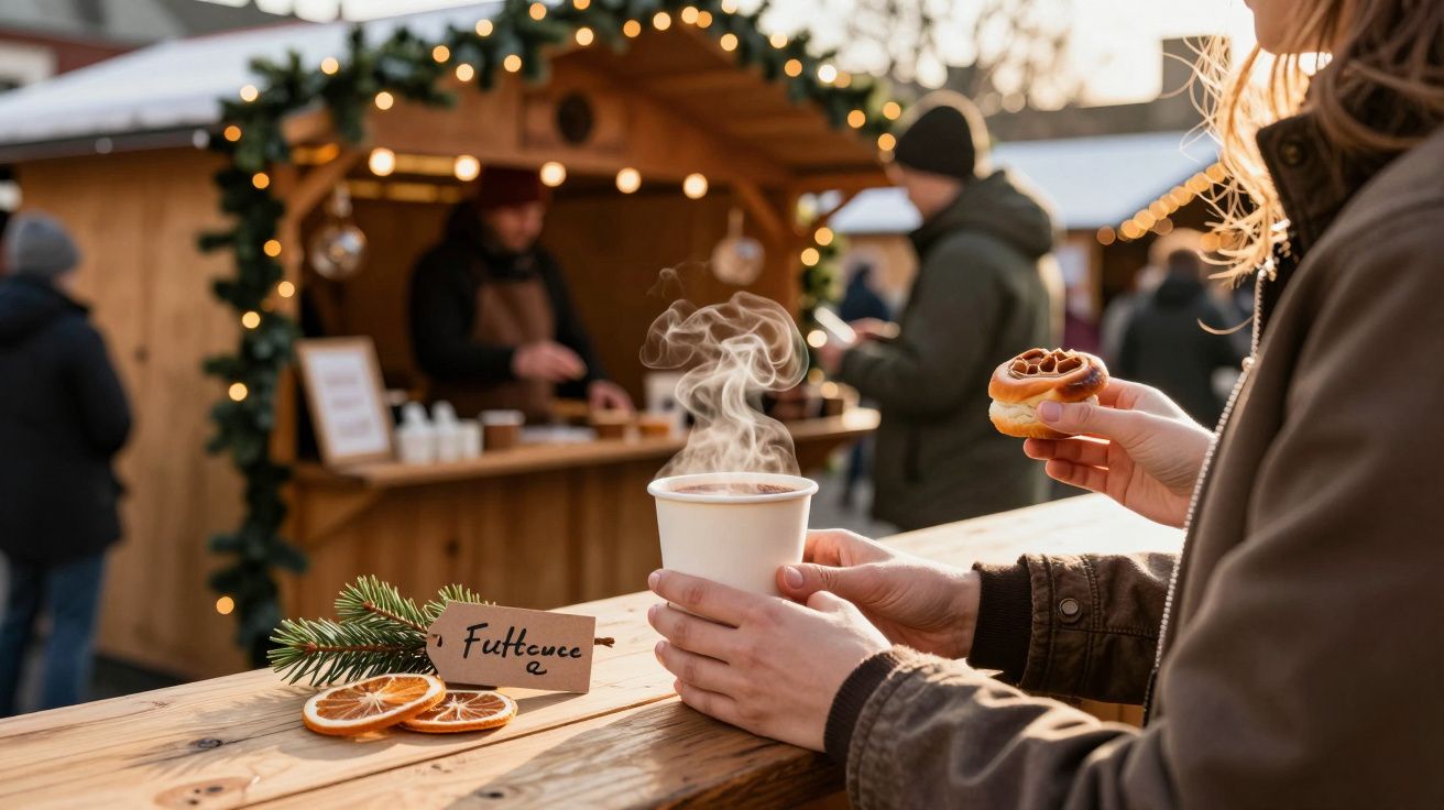 Pessoa segura café fumegante e bolo num mercado de Natal, com um quiosque decorado ao fundo.