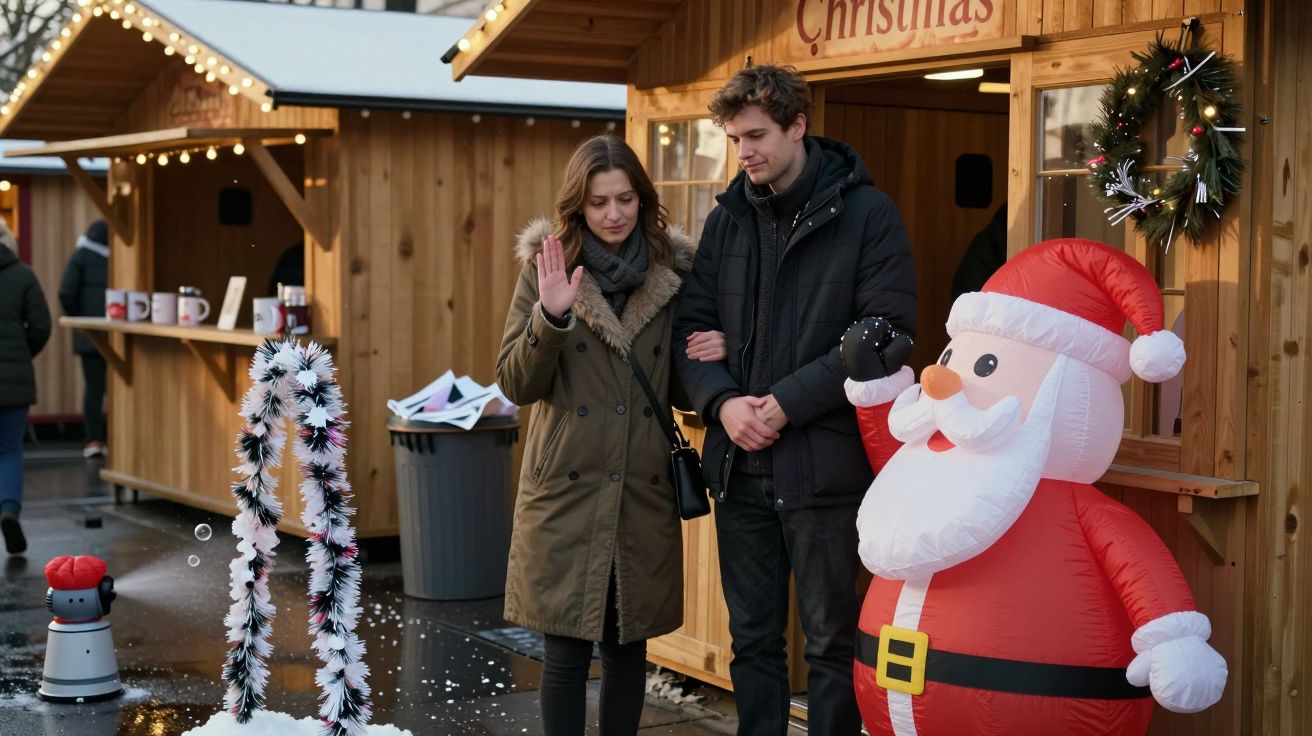 Casal caminha em mercado de Natal, passando por figura insuflável do Pai Natal, barracas de madeira ao fundo.