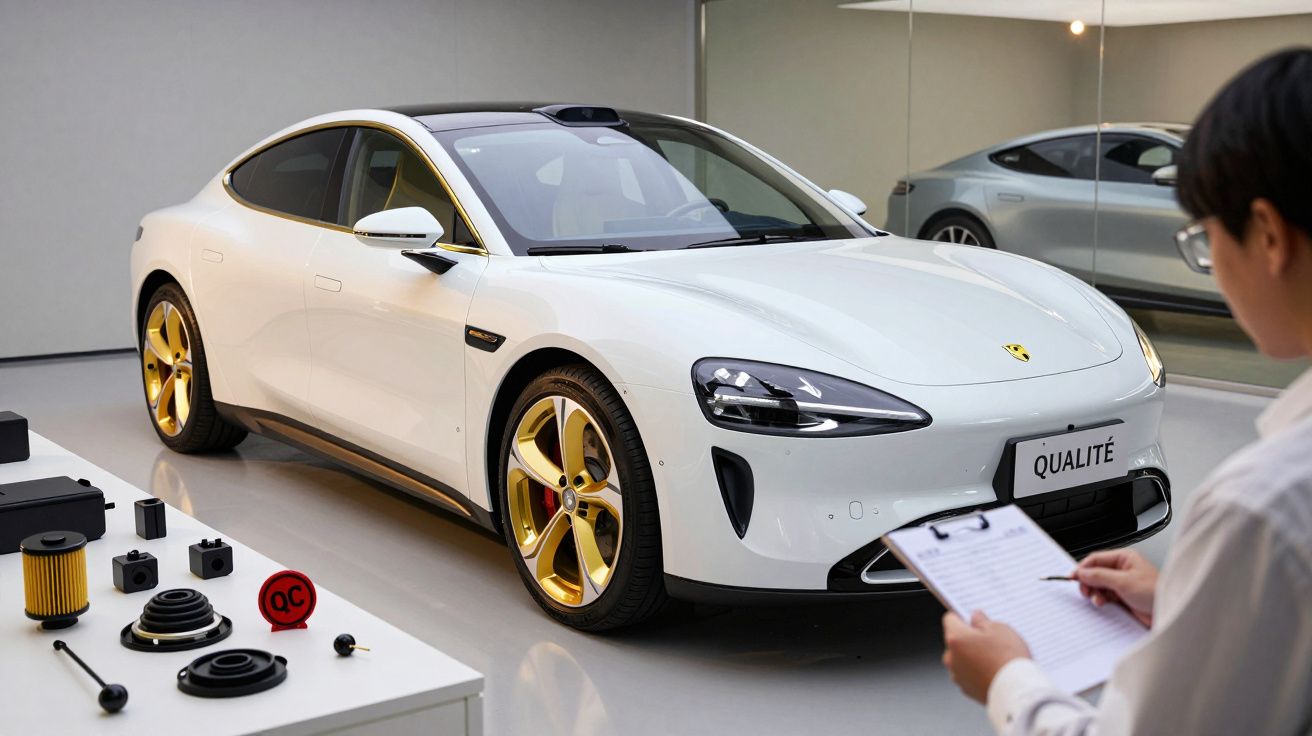 Carro desportivo branco em sala com rodas douradas, tecnólogo em primeiro plano e peças de carro na mesa.