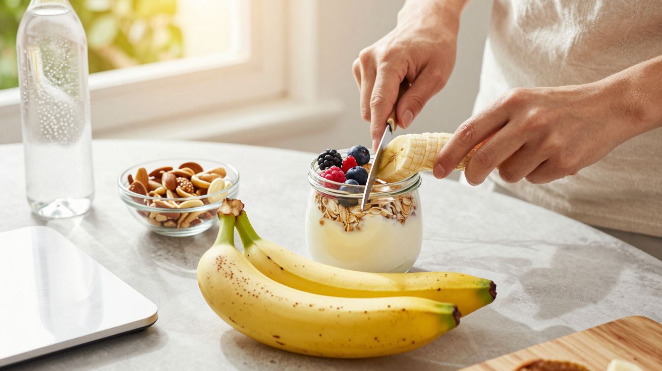 Pessoa prepara iogurte com frutos silvestres e banana na cozinha, com nozes e bananas numa mesa iluminada pelo sol.