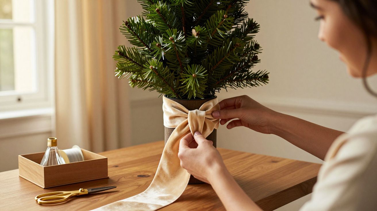 Mulher a decorar um pequeno pinheiro num vaso com um laço dourado, sobre uma mesa de madeira, ao lado de tesoura e fio.