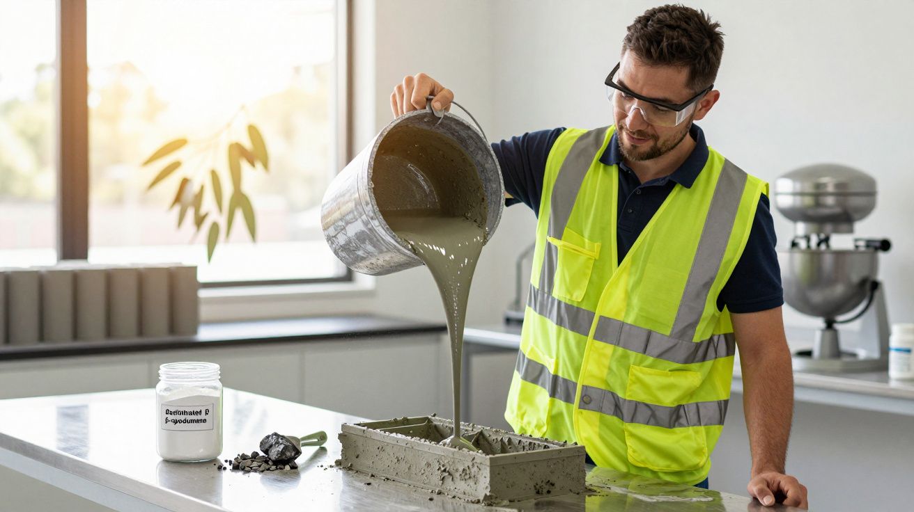 Homem de colete refletor despeja concreto em molde numa bancada de laboratório iluminada.