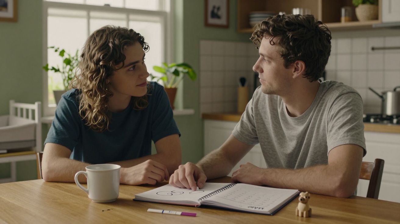Dois homens num ambiente doméstico, sentados à mesa com chávena, livro e figura de madeira, olhando um para o outro.