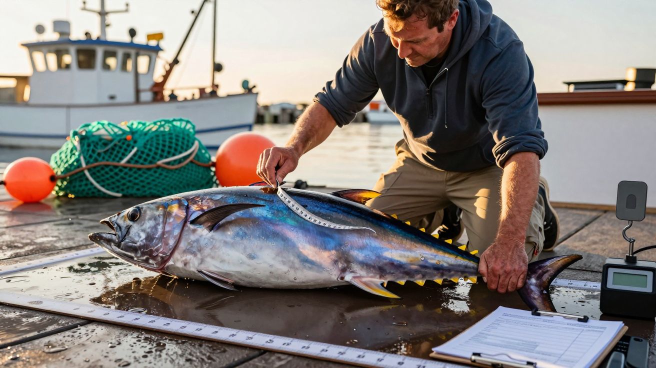 Homem mede um atum grande num cais, com um barco ao fundo, ao pôr do sol.