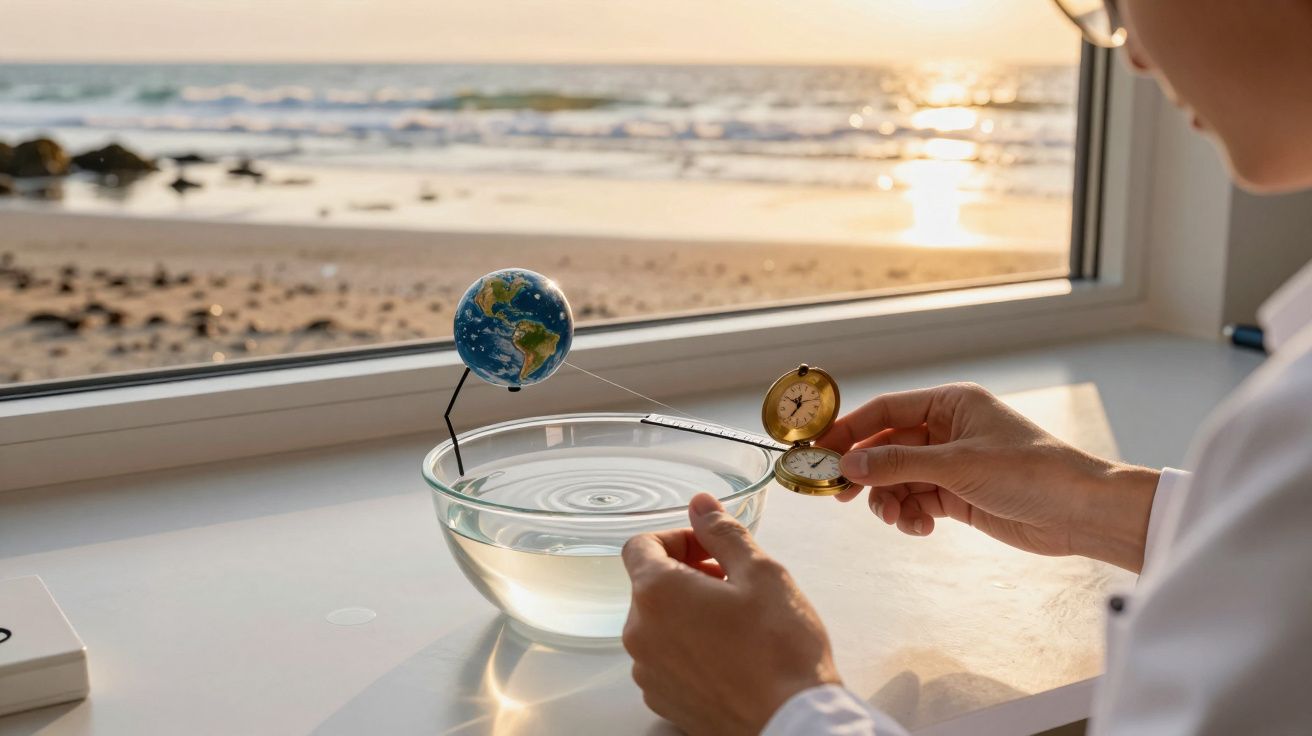 Pessoa segura bússola ao lado de modelo da Terra e tigela de água, com vista para o mar ao pôr do sol através da janela.