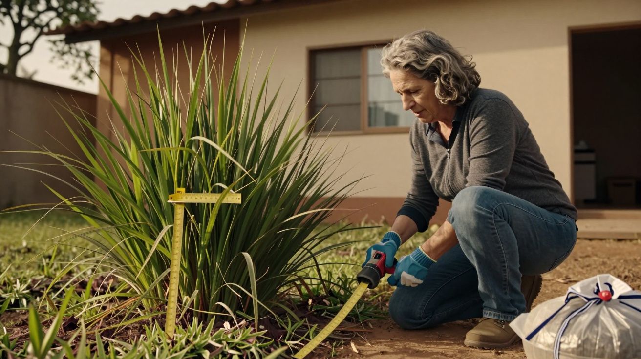 Mulher rega plantas em jardim, usando mangueira, ao lado de casa com sacos de terra.