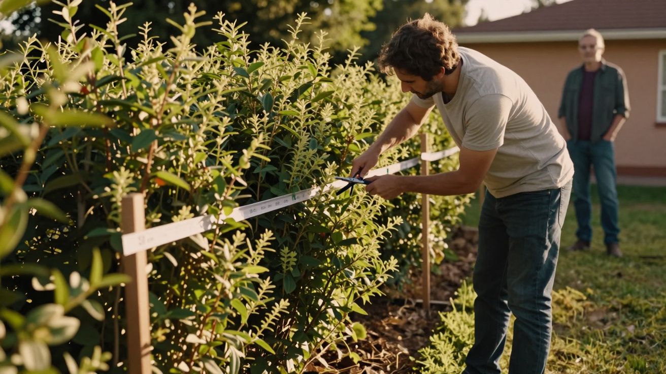 Homem a medir plantas no jardim com fita métrica, outro homem ao fundo perto de uma casa.