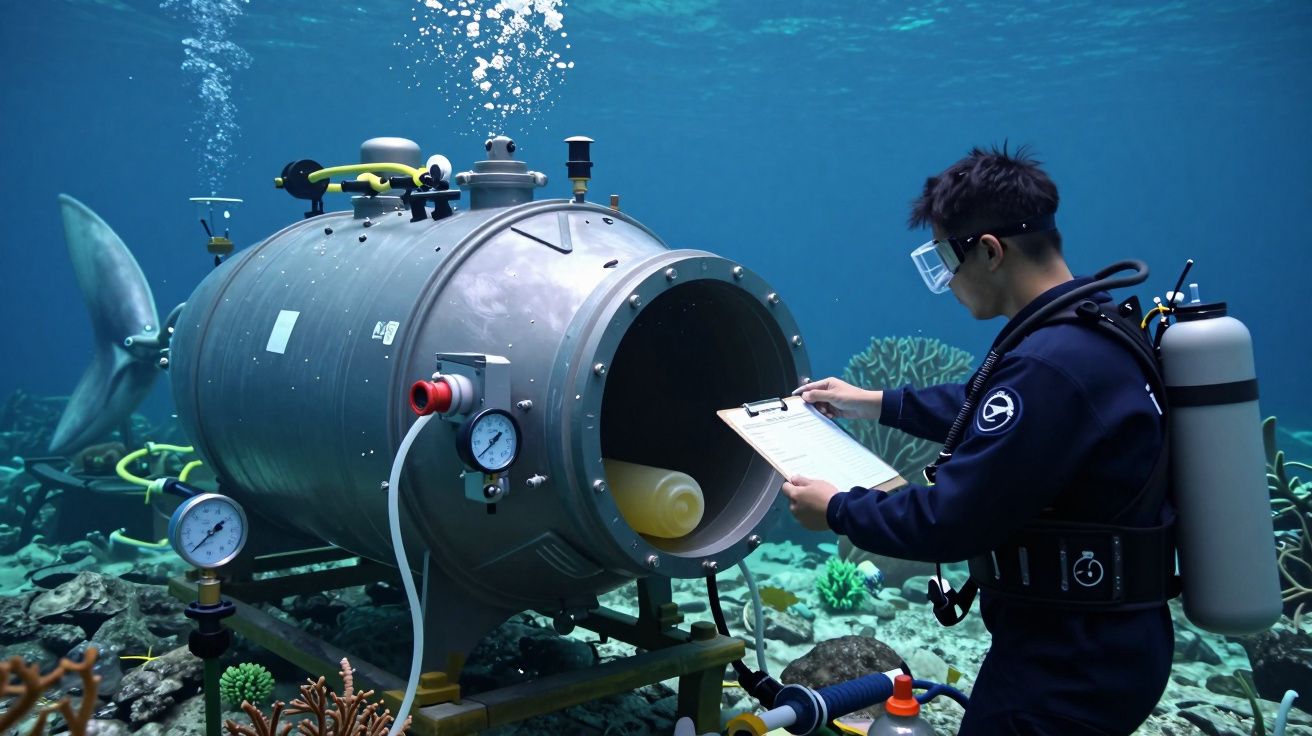 Homem mergulhador inspeciona câmara subaquática cilíndrica, rodeado por corais e equipamentos de medição.