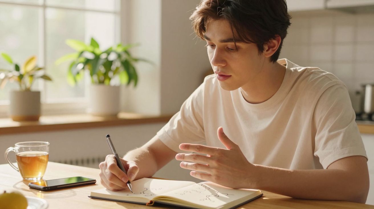 Jovem escrevendo num caderno à mesa iluminada pela luz do sol, com chá e telemóvel ao lado.
