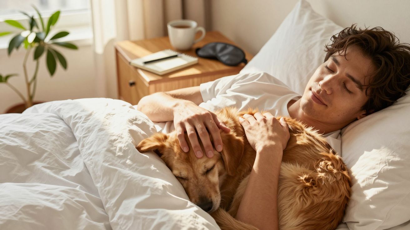 Homem dorme abraçado ao cão numa cama, com mesa de cabeceira ao lado.