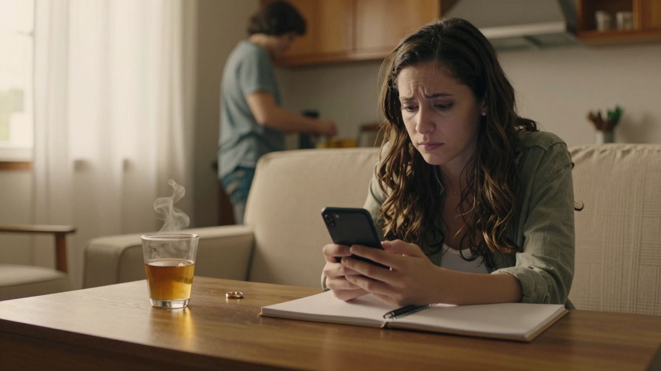 Mulher preocupada olha para o telemóvel numa sala, com chávena fumegante e anel sobre a mesa. Outra pessoa ao fundo.