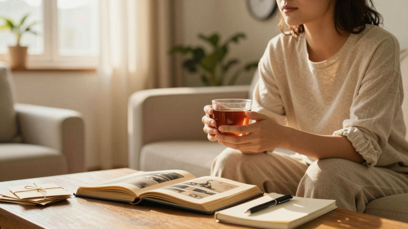 Pessoa sentada num sofá com um livro aberto, segurando uma chávena de chá. Caderno e caneta sobre a mesa.