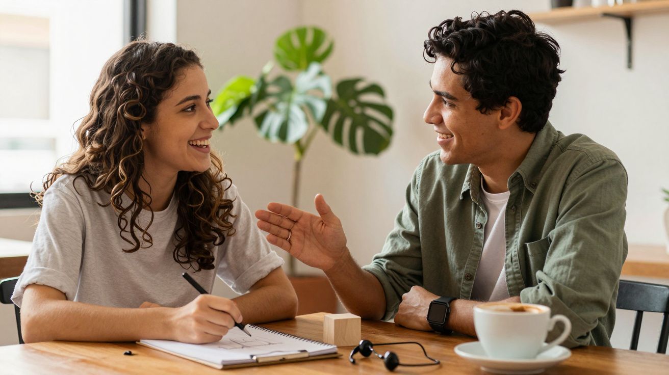 Duas pessoas sorridentes numa conversa animada em mesa de café, com copo e caderno, e planta ao fundo.