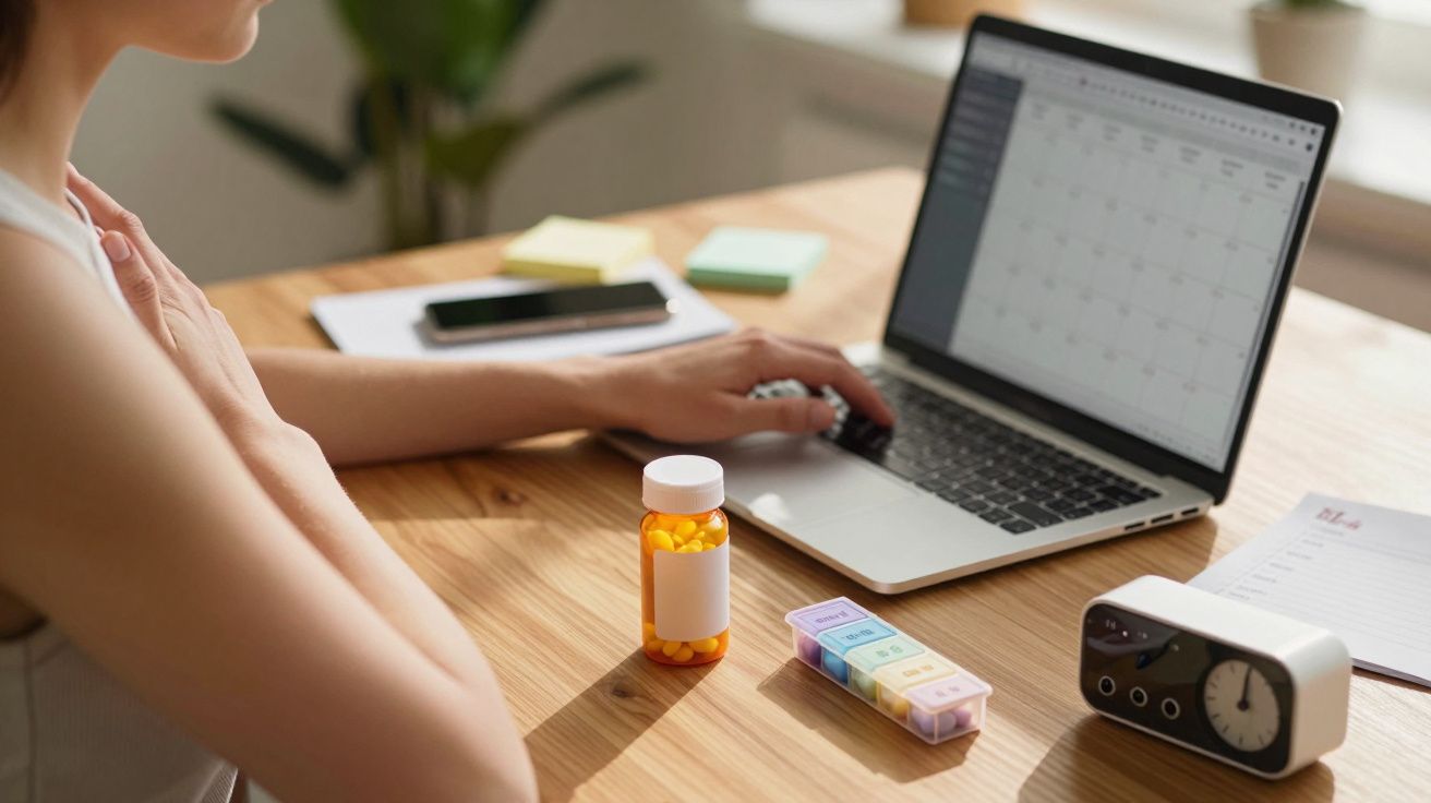 Pessoa usando portátil com frascos de comprimidos e relógio na mesa.