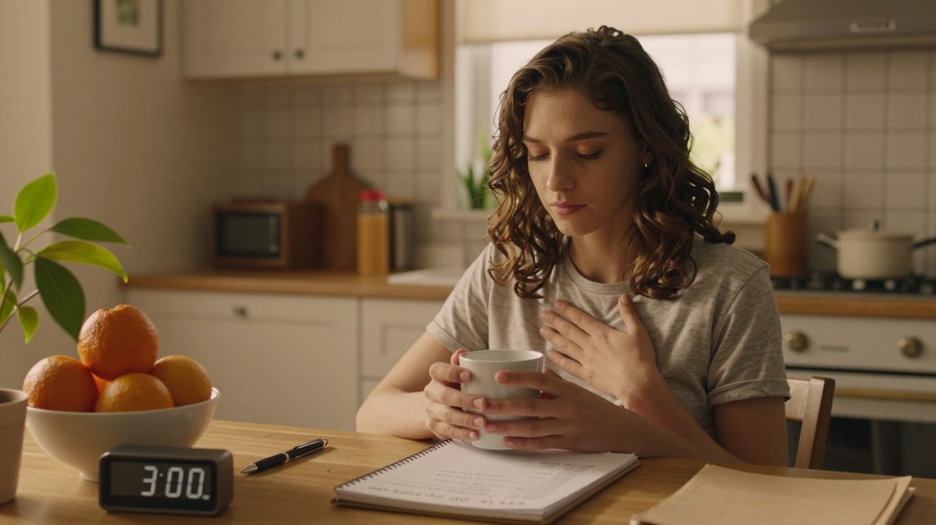 Mulher sentada à mesa com chá, caderno e relógio digital às 3:00. Cozinha ao fundo.