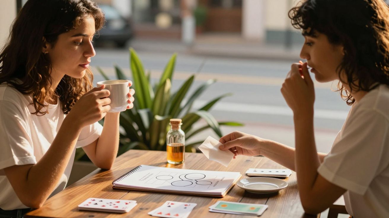 Duas mulheres sentadas em mesa de café, uma com chávena na mão, a outra a segurar cartão. Mesa com blocos e cartas.