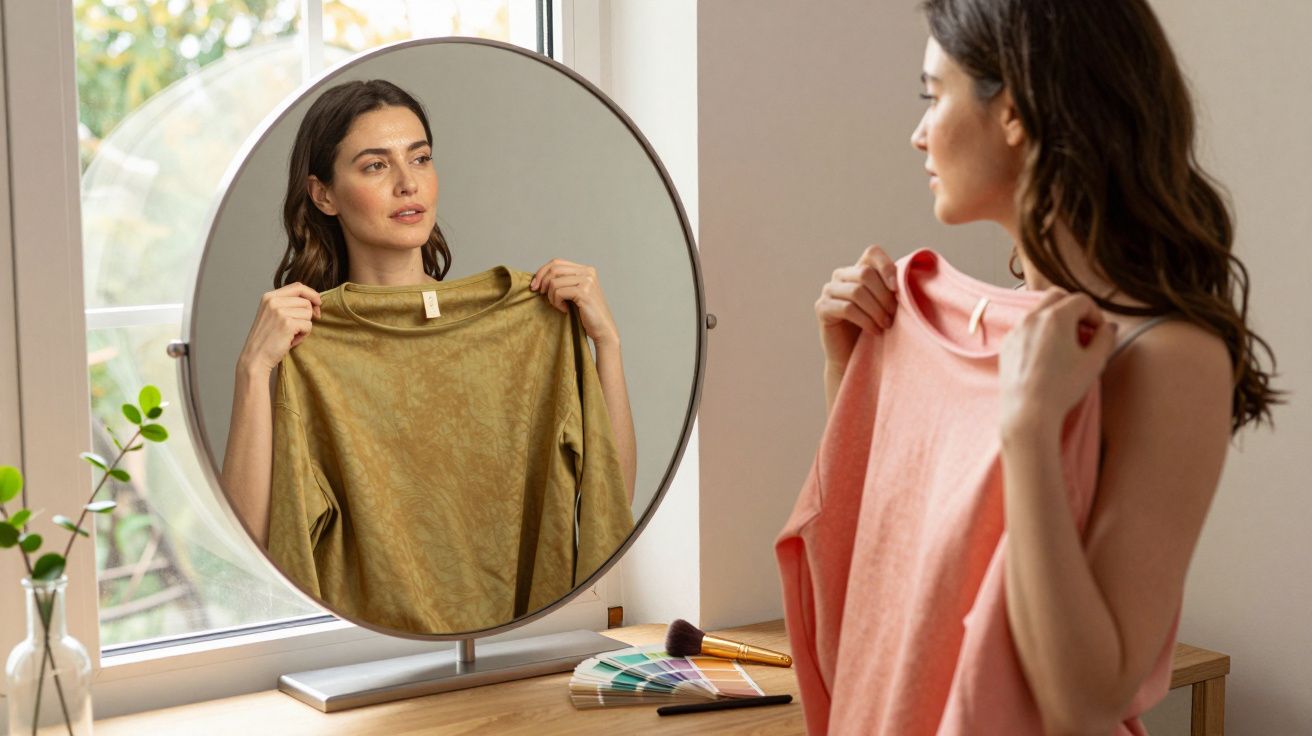 Mulher com camisolas laranja e verde em frente a espelho redondo, decidindo qual usar.