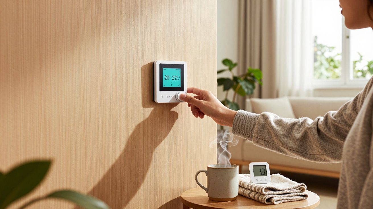 Pessoa ajustando termóstato na parede; chá e termómetro na mesa ao fundo.