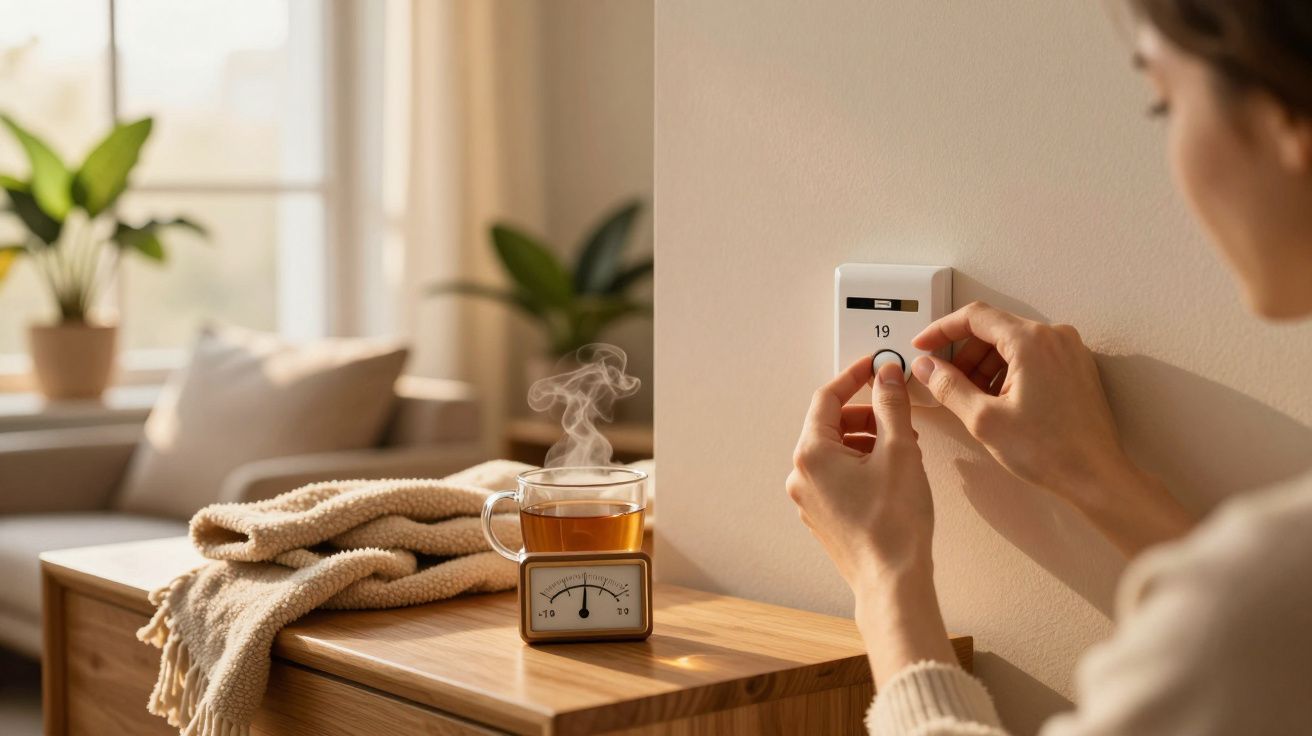 Pessoa ajusta termóstato da parede, chá quente num móvel, cobertor dobrado, plantas no fundo.