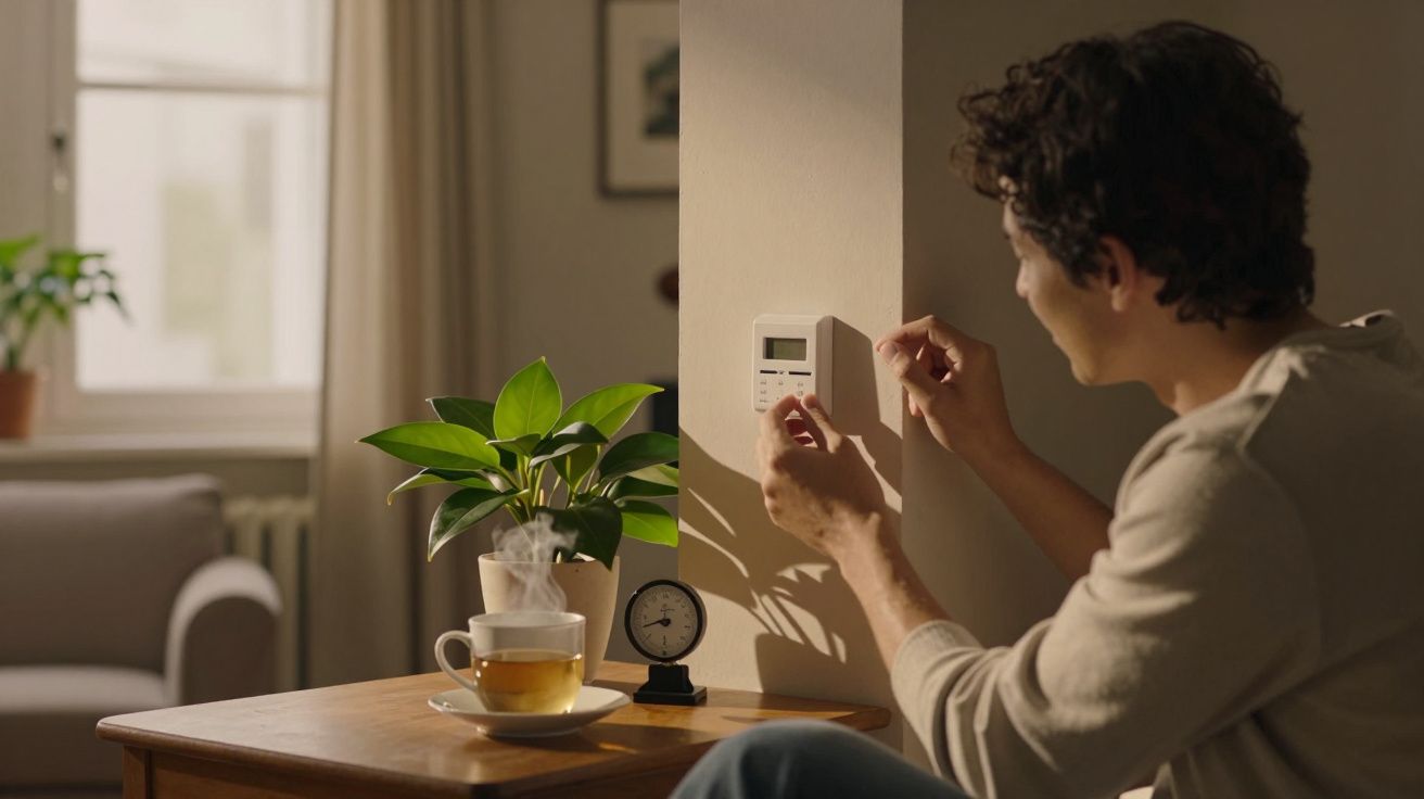 Homem ajusta termóstato na parede; à frente, chávena de chá, relógio e planta sobre mesa. Sala iluminada pela luz do dia.