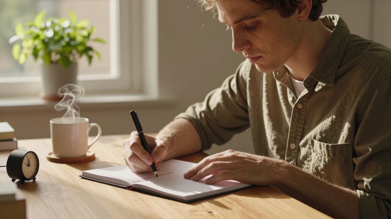 Homem escreve numa mesa de madeira com um caderno, caneca com vapor e relógio, iluminação suave de janela.