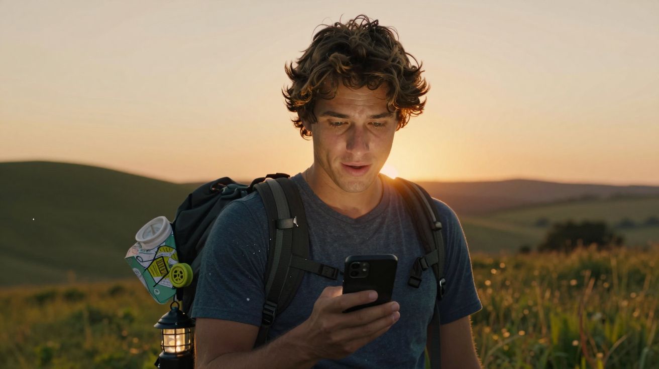 Jovem com mochila olha para o telemóvel durante o pôr do sol num campo verde.