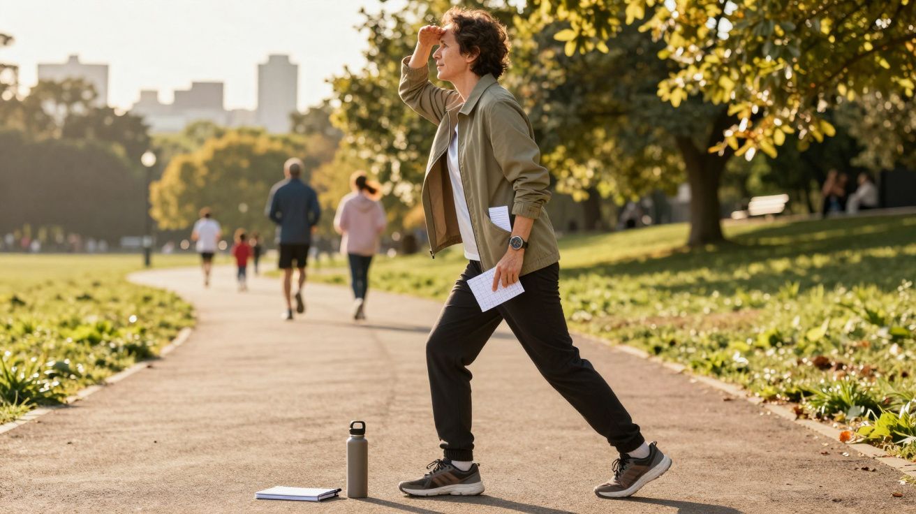 Pessoa a fazer alongamentos num parque ensolarado, segurando papéis. Várias pessoas a correr ao fundo.