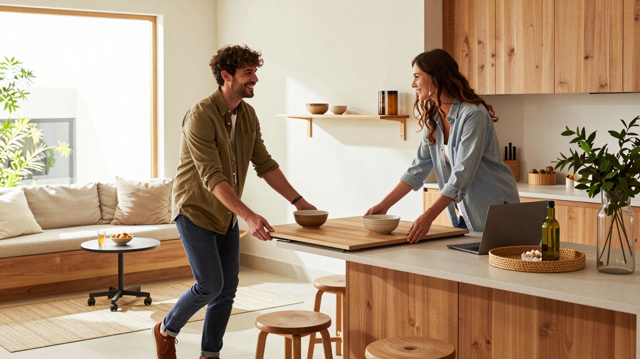 Casal sorridente a preparar a mesa na cozinha moderna com decoração em madeira clara e luz natural.