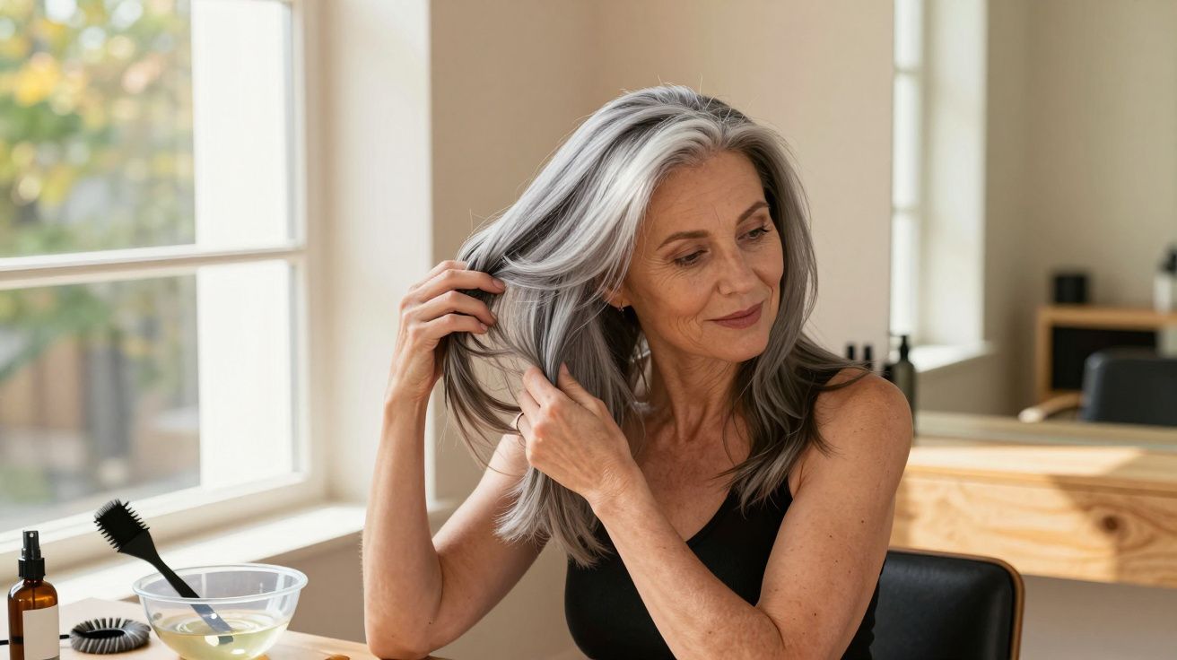 Mulher de cabelos grisalhos sentada, ajustando o cabelo diante de uma janela, ao lado de produtos de cuidado capilar.