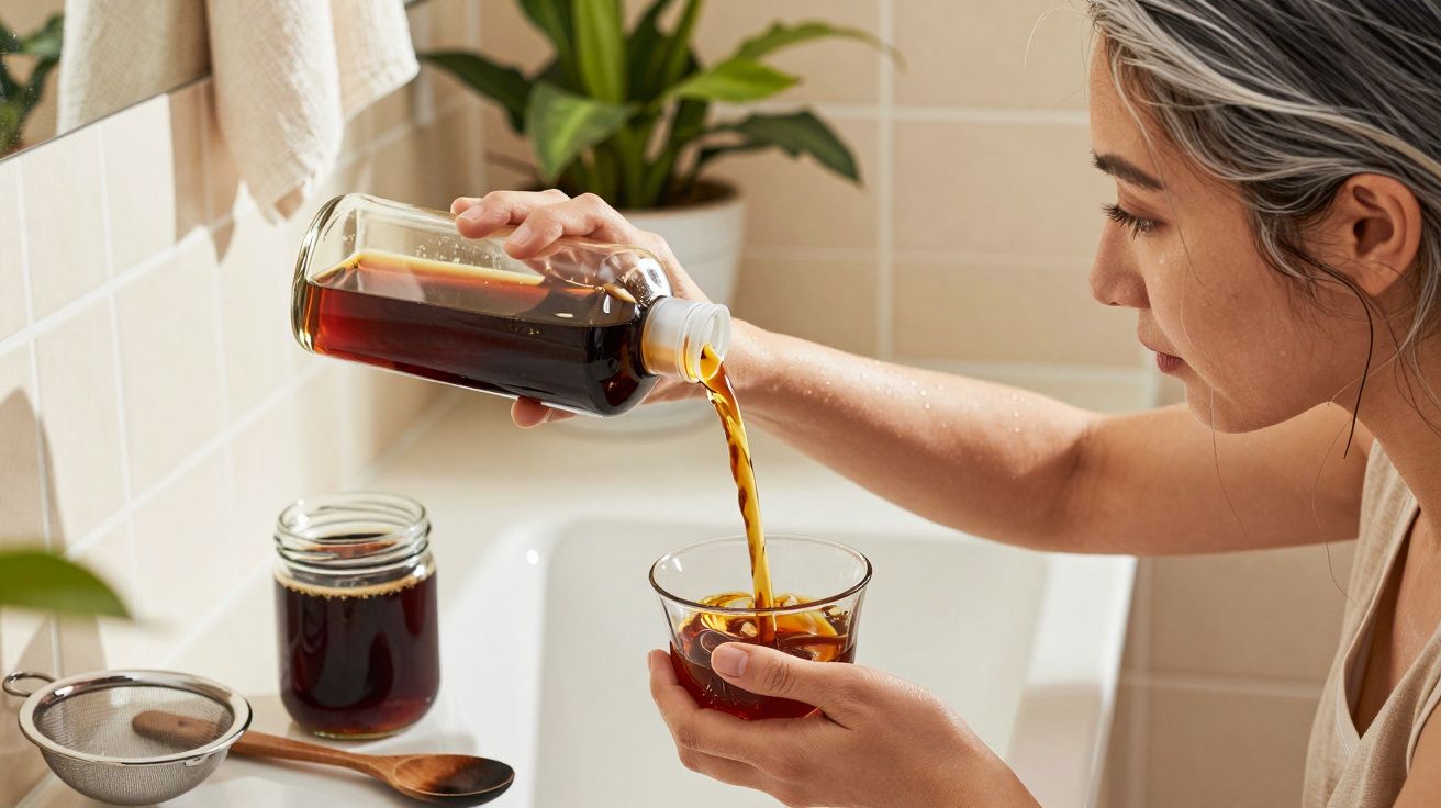 Mulher a verter líquido castanho de uma garrafa para um copo na casa de banho com plantas ao fundo.
