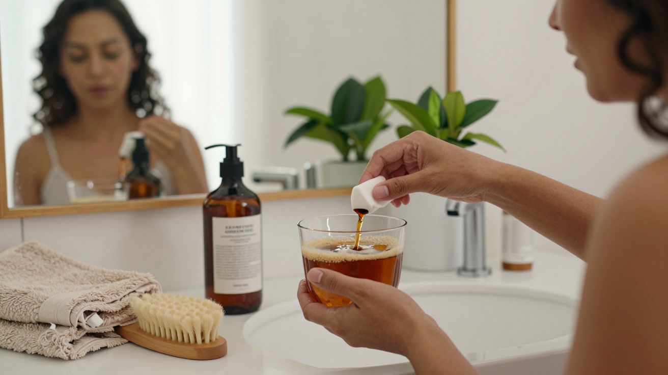 Mulher misturando óleo em bebida no lavabo, com toalhas, escova e plantas ao fundo.