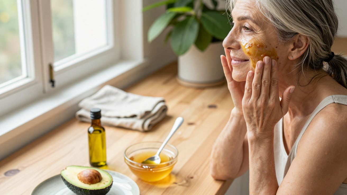 Mulher aplicando máscara facial caseira de mel e abacate numa mesa com ingredientes naturais.